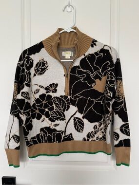 Maeve Anthropologie Black Cream Floral Quarter Zip Sweater XXS